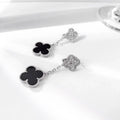 CLOVER 2 MOTIFS SILVER DIAMOND ONYX EARRINGS